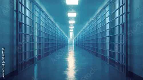 The image shows a long, narrow corridor with rows of tall, metal storage units on either side. The units are uniformly spaced and extend to the vanishing point at the end of the corridor.