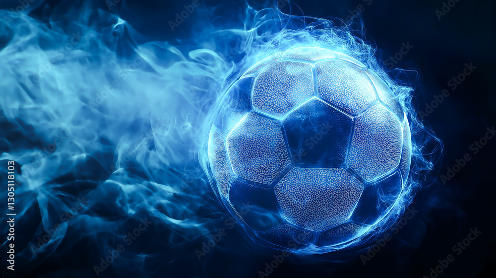 Naklejka premium A football with vibrant blue glowing neon lines, surrounded by swirling smoke on a dark background