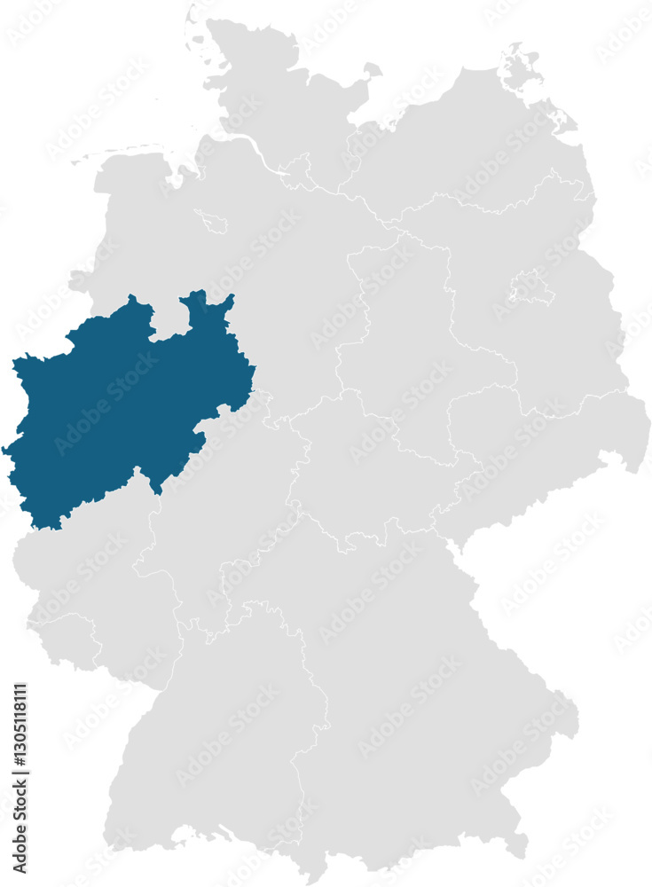 gray map of germany with 16 separated federal states, North Rhine-Westphalia highlighted blue gray map of germany with 16 separated federal states, North Rhine-Westphalia highlighted blue