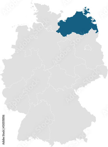 gray map of germany with 16 separated federal states, Mecklenburg-Western Pomerania highlighted blue 