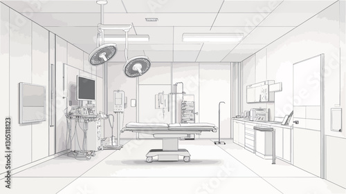 The image is a 3D wireframe rendering of a modern medical examination room.  The rendering is monochromatic, in shades of gray, giving it a blueprint-like appearance. The room is depicted