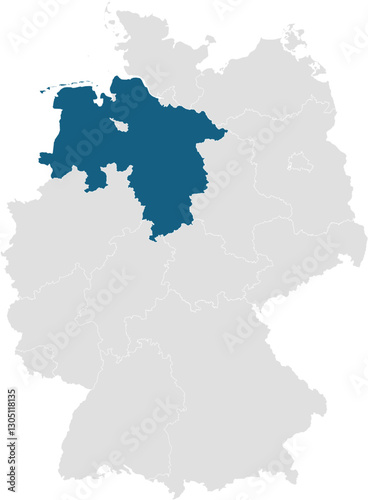  gray map of germany with 16 separated federal states, Lower Saxony highlighted blue 