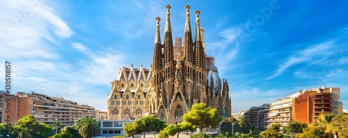 Aerial view of the Sagrada Familia and its surroundings, showcasing the magnificent basilica amidst the urban landscape of Barcelona