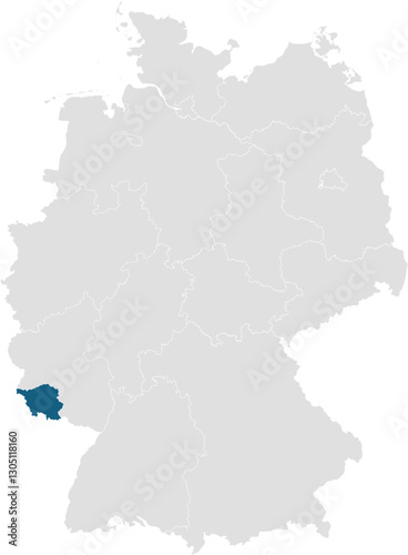 gray map of germany with 16 separated federal states, Saarland highlighted blue 