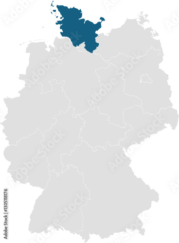 gray map of germany with 16 separated federal states, Schleswig-Holstein highlighted blue 