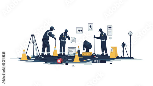 A vector illustration depicting a team of urban maintenance workers in silhouette, engaged in various tasks such as road repair and equipment maintenance.  The style is flat design with