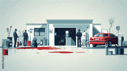 A stylized vector illustration depicting a crime scene outside a single-story building.  The illustration uses a minimalist, flat design style with muted colors.  The scene shows several