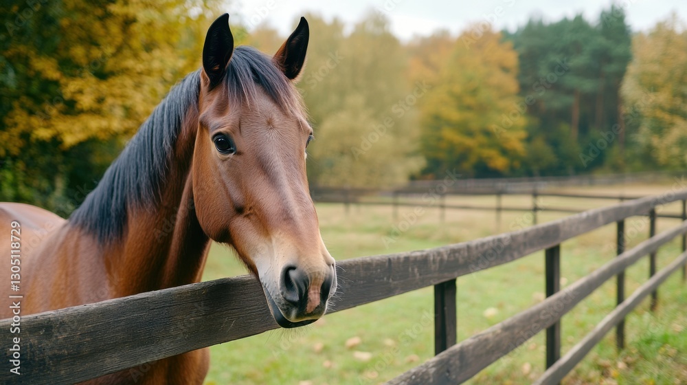 Naklejka premium Brown horse by a wooden fence, looking towards the camera, in a field with autumn trees.
