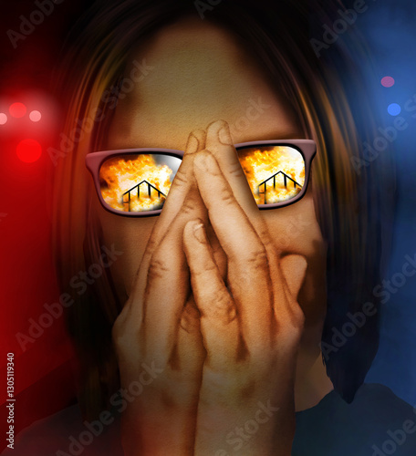 A house fire is reflected in the eyeglasses of a female home owner in a 3-d illustration about fire and insurance. photo