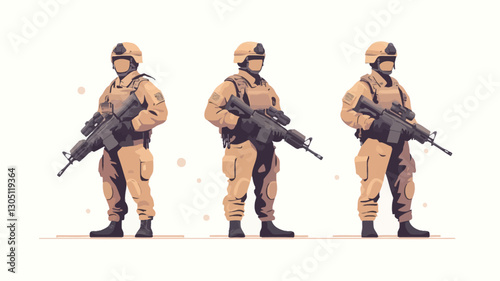 A digital illustration depicting three soldiers in identical tan uniforms, each standing with a rifle held in a ready position.  The soldiers are rendered in a simplified, vector-style