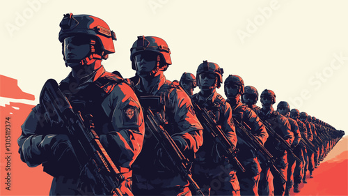 The image is a stylized illustration depicting a line of soldiers in uniform, silhouetted against a reddish-orange background. The soldiers are shown from the knees up, in a tight