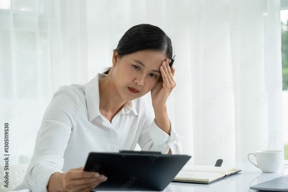 Businesswoman is thinking and is stressed about work. Businesswoman is thinking and is stressed about work.