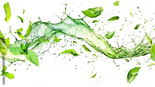 Refreshing Mint Splash: A vibrant image of  mint leaves and green liquid splashing, capturing the essence of freshness and nature's vitality.