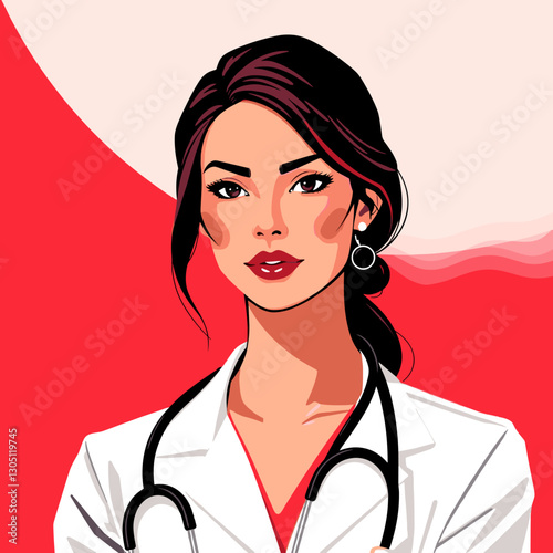 Confident female doctor wearing a lab coat and stethoscope with a focused expression against a red background