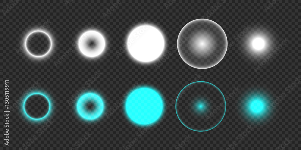 Glowing light effect circles set in white and blue colors. Transparent isolated vector elements on dark checkered background Glowing light effect circles set in white and blue colors. Transparent isolated vector elements on dark checkered background
