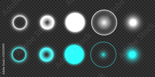 Glowing light effect circles set in white and blue colors. Transparent isolated vector elements on dark checkered background