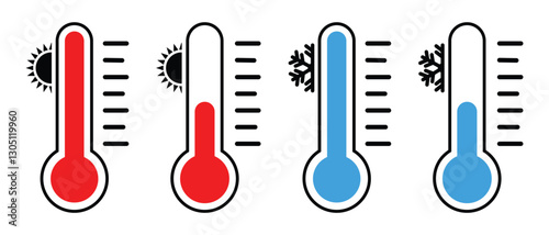 Temperature icon set. Low and high temperature symbol in colour style for website logo design. Thermometer vector sign isolated on white background. Cold and hot icon symbol. Vector image.