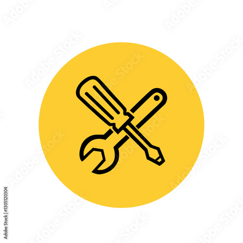 Vector icon of a wrench and screwdriver crossed over a yellow circle. Represents tools, maintenance, repair, or technical support. Clean, minimal, and versatile design. isolated on white background