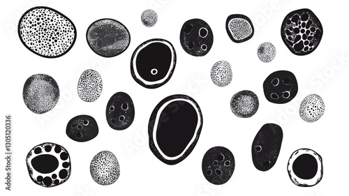 The image showcases a collection of various abstract shapes rendered in black and white.  The shapes are organic and irregular, resembling pebbles or cells, with varying levels of detail