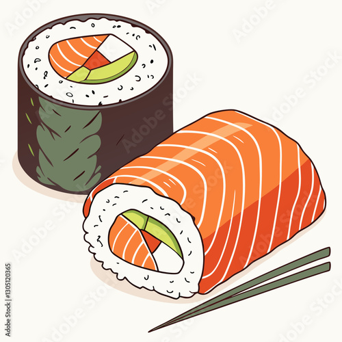 Realistic Salmon Maki Sushi Roll Isolated on White Background – Fresh and Delicious Japanese Cuisine.

