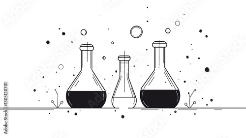 A vector illustration depicting three Erlenmeyer flasks. Two larger flasks are positioned on either side of a smaller, narrower flask.  The larger flasks contain a dark, possibly black