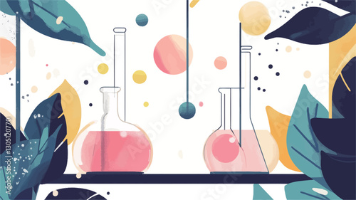 An illustration depicting two glass Erlenmeyer flasks and two test tubes containing a light pink liquid.  The flasks and tubes are situated on a dark shelf or surface. The background