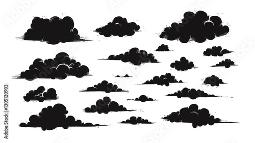 The image contains a collection of various-sized black cloud silhouettes against a white background.  The clouds are depicted in a simple, cartoonish style with varying degrees of fullness