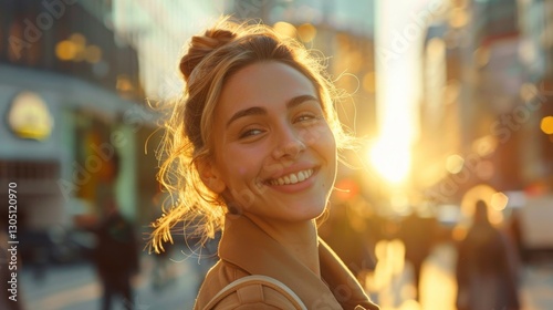 Woman smiling joyfully on a city street at sunset in a vibrant atmosphere full of happiness and positivity