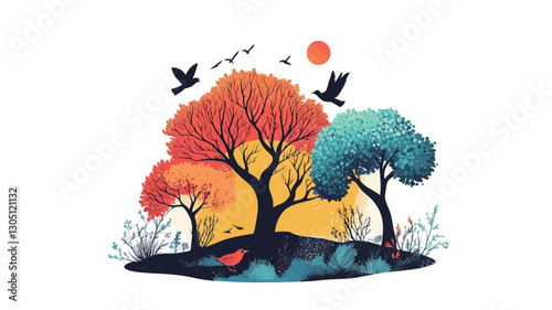 A digital illustration depicting three stylized trees in varying colors (red-orange, teal, and muted orange) on a small island or mound of land.  The trees are simplified in form, lacking