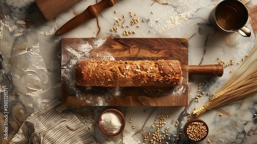 Artisan Bread on Wooden Board: Rustic Bakery Scene