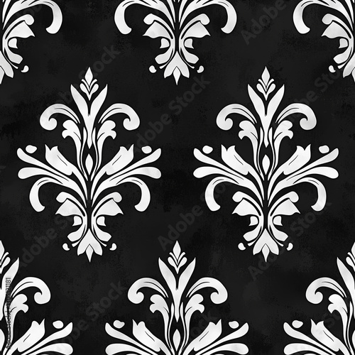 Elegant black and white damask pattern featuring ornate floral designs.