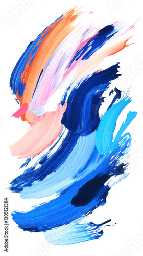 Vivid strokes of blue, orange, pink, and white paint dynamically swirling together, forming an abstract composition on a transparent background