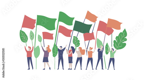 A digital illustration depicting a diverse group of simplified cartoon-style people of varying genders and skin tones holding up flags of different colors.  The flags are simple shapes
