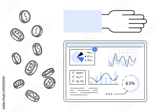 Coins falling beside a tablet displaying charts, graphs, and analytics. Hand gesture showcasing financial control. Ideal for finance, investment, analytics, fintech, budgeting savings data