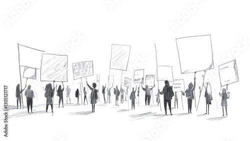 A grayscale sketch illustration depicts a large crowd of people participating in a protest or demonstration.  The figures are depicted as simplified silhouettes, holding rectangular signs