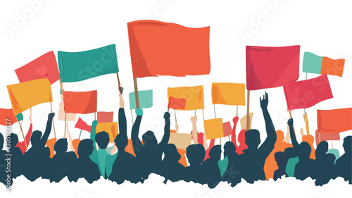 A vector illustration depicting a large crowd of people silhouetted against a white background.  The people are holding up various colored flags, creating a dense and energetic composition.