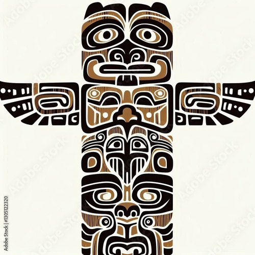 Stylized totem pole motifs with symbolic carvings evoking indige