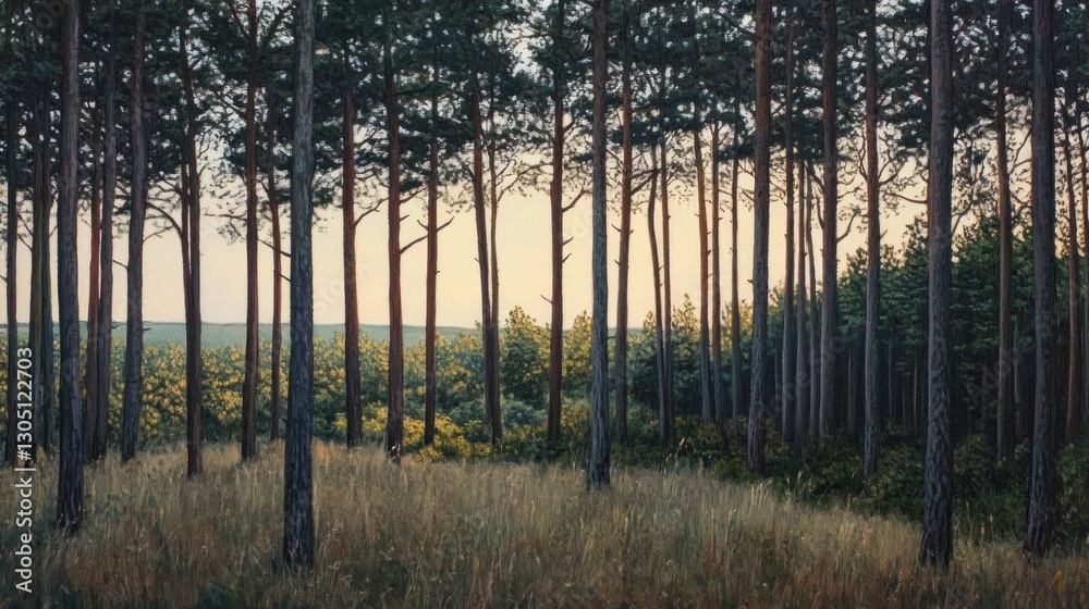 A peaceful forest scene at sunset, featuring towering pine trees, evokes a connection with nature. A peaceful forest scene at sunset, featuring towering pine trees, evokes a connection with nature.