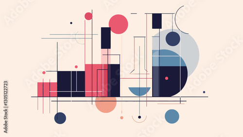 The image is a stylized vector illustration featuring abstract geometric shapes and lines overlaid on simplified representations of scientific laboratory glassware, specifically beakers and