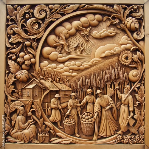 Wood Carving Harvest Relief Wood carving in relief depicting har