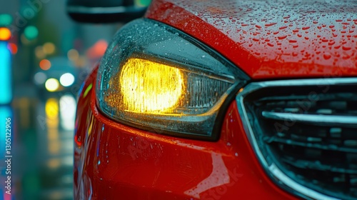 Red Car Headlight in Rainy City at Night