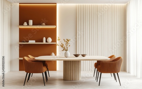 Warm earthy dining space, handcrafted travertine dining table with fluted base, upholstered boucle chairs in warm rust tones, sculptural clay accent wall