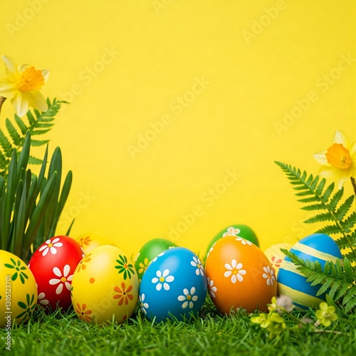 Yellow background with Easter eggs and spring flowers