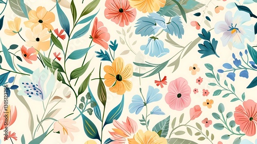 Vibrant Floral Pattern: A Whimsical Garden of Blossoms photo