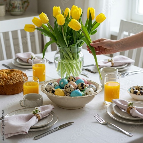 Bright Easter breakfast table