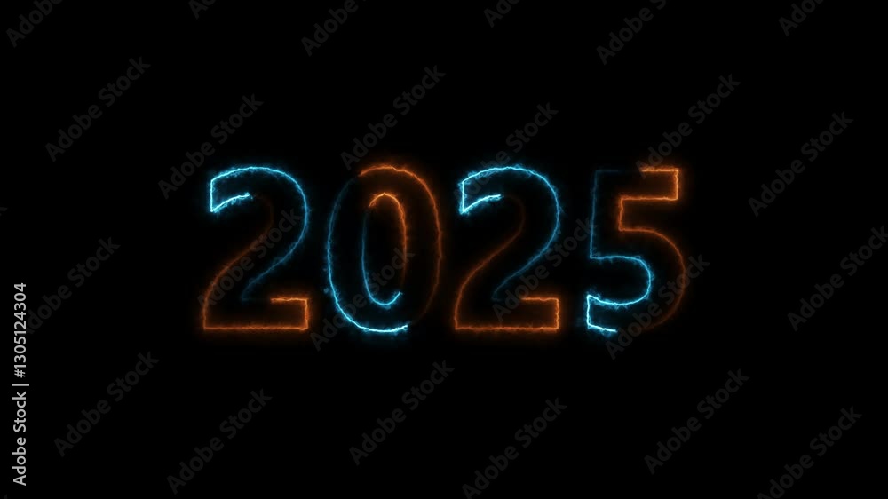 glowing neon happy new year 2025 animation icon on black background. glowing neon happy new year 2025 animation icon on black background.