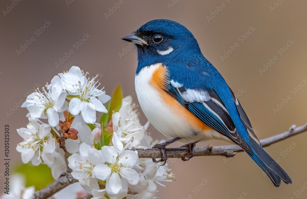 A beautiful blue chaffinch perched on a branch of white spring flowers A beautiful blue chaffinch perched on a branch of white spring flowers