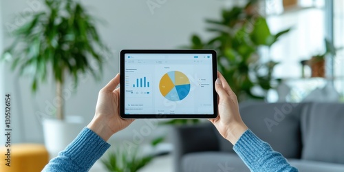 Customer centric marketing strategy. A person holding a tablet displaying colorful charts in a modern, plant-filled living space. photo