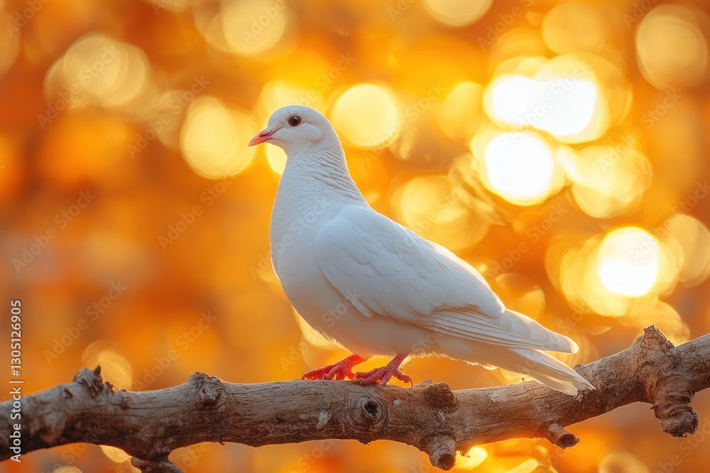 White Dove Perched on Wooden Branch in Golden Sunset Glow White Dove Perched on Wooden Branch in Golden Sunset Glow