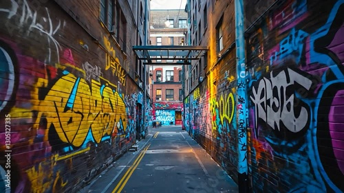 Alleyway with colorful graffiti on brick walls